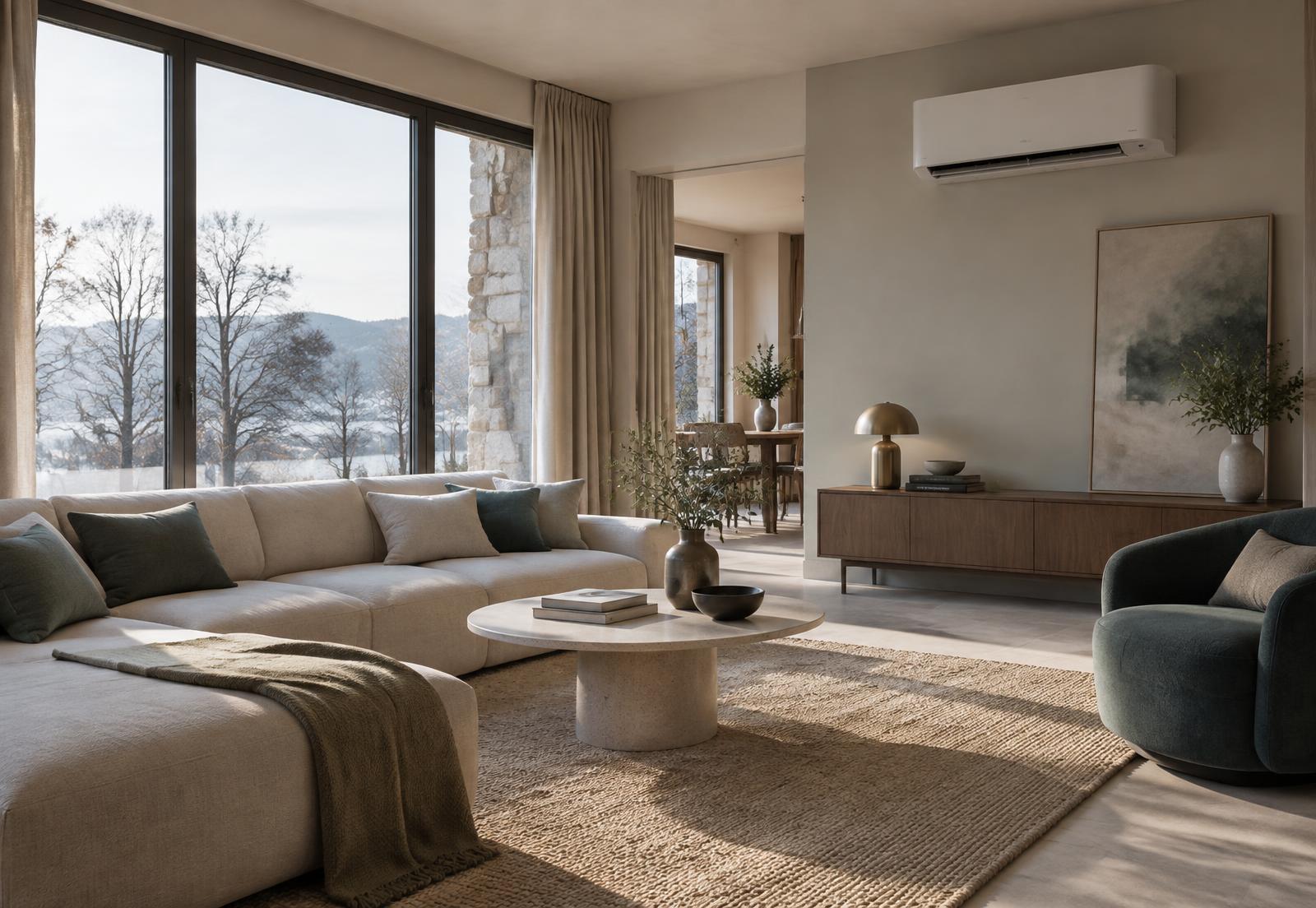 Séjour contemporain lumineux chauffé par une solution de confort thermique en hiver