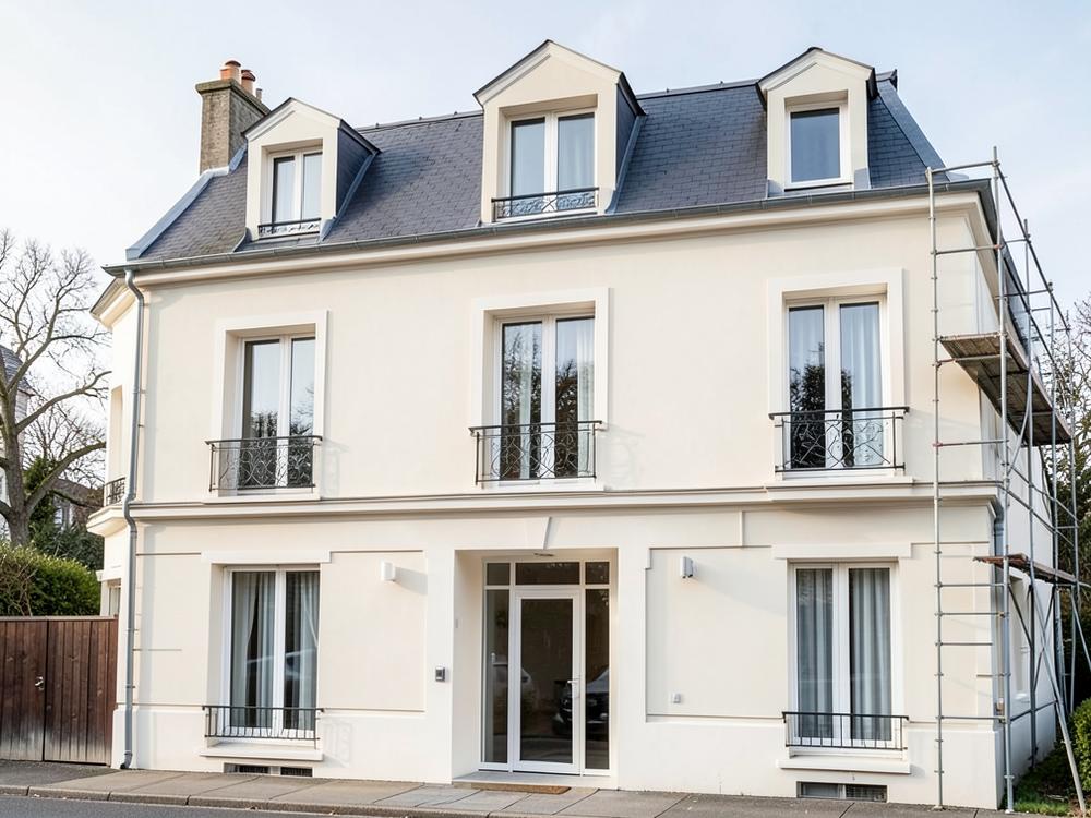 Façade de maison française rénovée avec enduit clair et finitions soignées